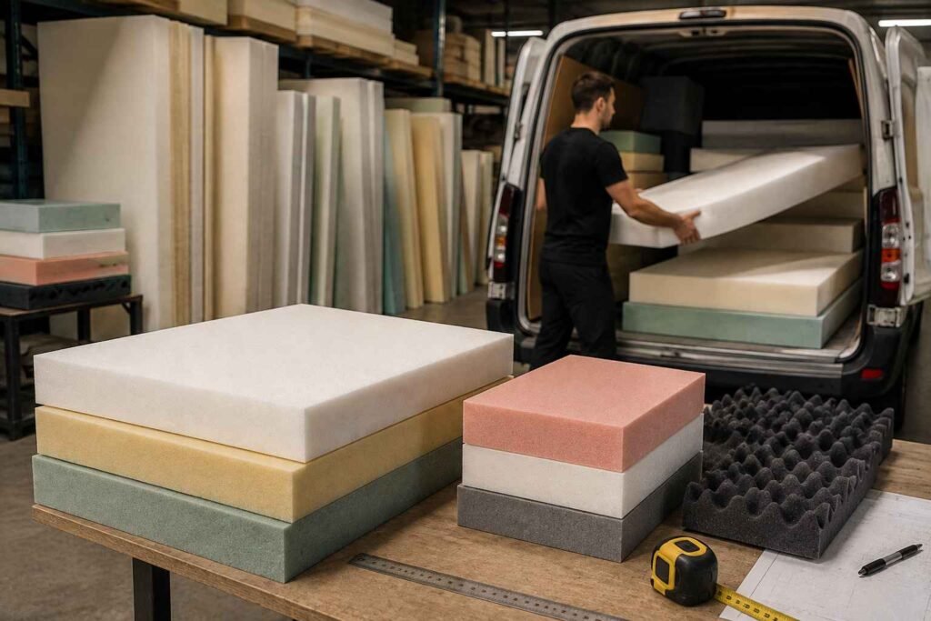 Bloques de espuma al por mayor para talleres y camperizaciones en España, con un operario cargando espuma D25, D30 y HR35 en una furgoneta desde un almacén.